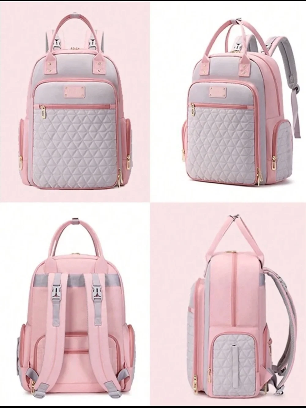 Stylish Pink & Light Gray Quilted Women’s Backpack